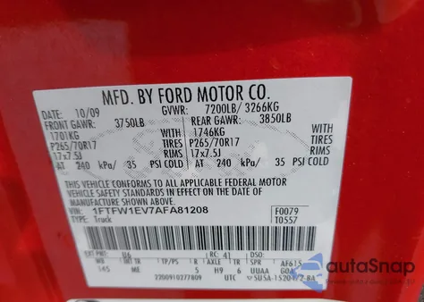2010 Ford F-150 Fx4/Harley-Davidson/King Ranch/Lariat/Platinum/Xl/Xlt z USA, uszkodzony, nr VIN 1FTFW1EV7AFA81208